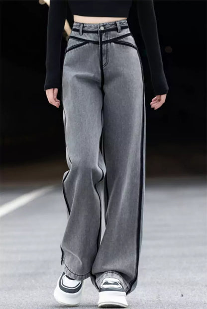 Fashionable Smoke Grey Side Stripe Straight Leg Jeans for Women