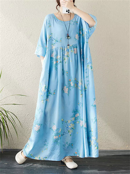 Maxikleid im Boho-Urlaubsstil aus Baumwoll-Leinen-Mischgewebe mit kurzen Ärmeln