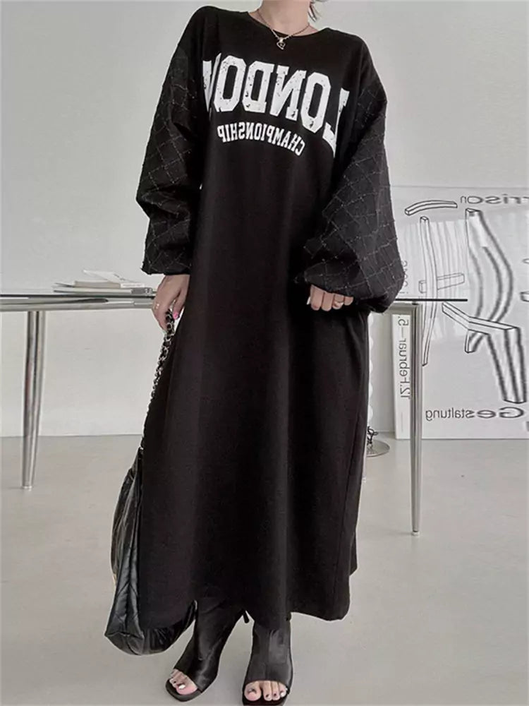 Women's Round Neck Letter Print Patchwork Plaid Lantern Sleeve Dress