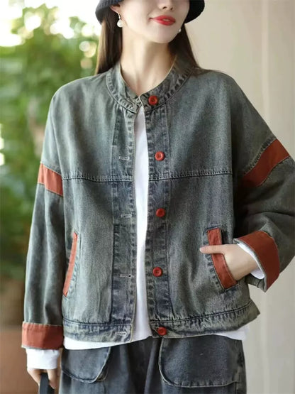 Retro-Patchwork-Jeansjacke aus gewaschenem Denim