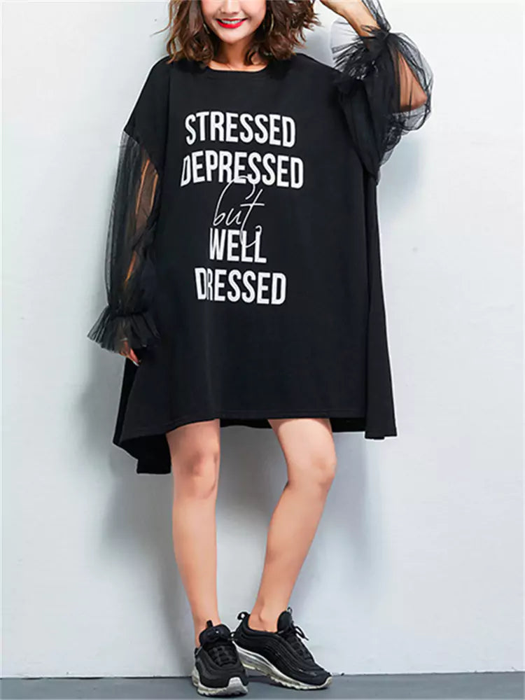 Oversized Letter Print Mesh Lantern Sleeve Midi Dress