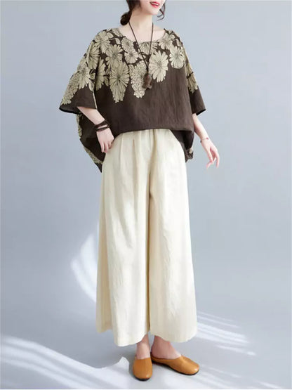 Linen Blend Ethnic Style Floral Print Batwing Sleeve Crew Neck T-Shirt