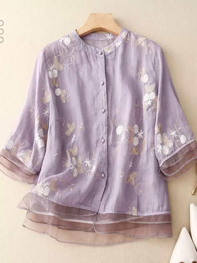 High-End Green Linen Embroidered Shirt for Women – Loose-Fit Stylish Top with Unique Patchwork Design