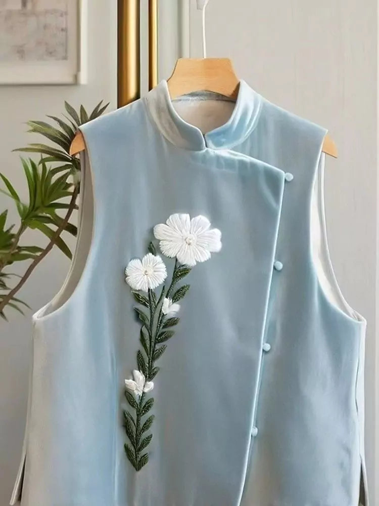Elegant Blue Velvet Vest Top for Women – New Chinese Style with Exquisite Embroidery for Fall & Winter