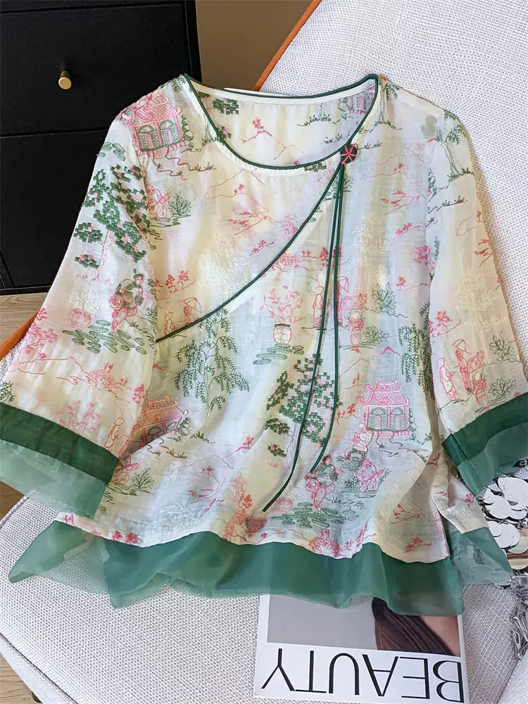 Blusa ligera de algodón y lino bordada con paisaje artístico y patchwork de organza en estilo chino moderno.