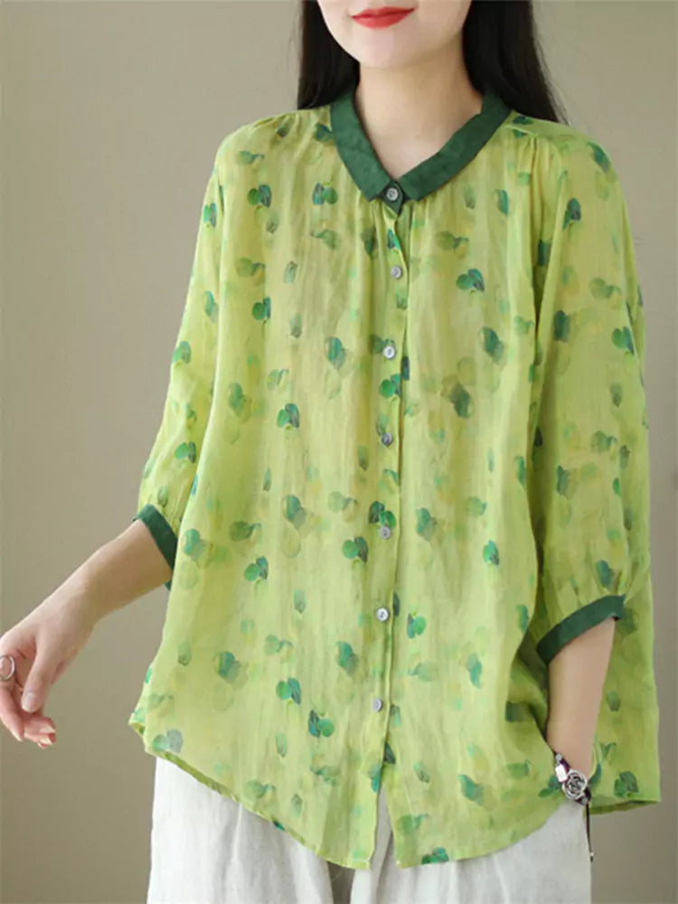 Floral Cotton-Linen Loose-Fit 3/4 Sleeve Shirt for Women