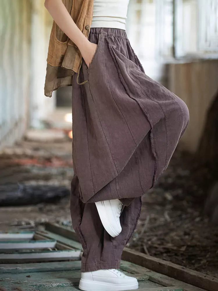 Vintage High-Waisted Wide-Leg Lantern Pants – Washed Ramie Loose Fit with Raw Hem and Flowing Silhouette