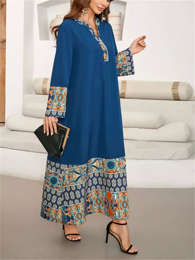 Elegant Long V-Neck Printed Patchwork Maxi Dress with 3/4 Sleeves