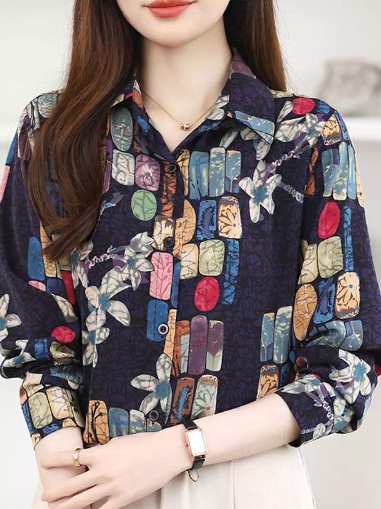 Fashion Printed Loose Fit Chiffon Blouse for Women  with Slimming Casual Style