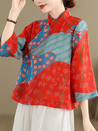 Vintage-Teebluse im chinesischen Stil mit Ramie-Print, Stehkragen und asymmetrischem Verschluss