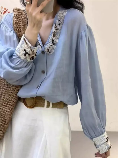 Vintage-Damenbluse im französischen Stil mit Stickerei, langärmlig, blau