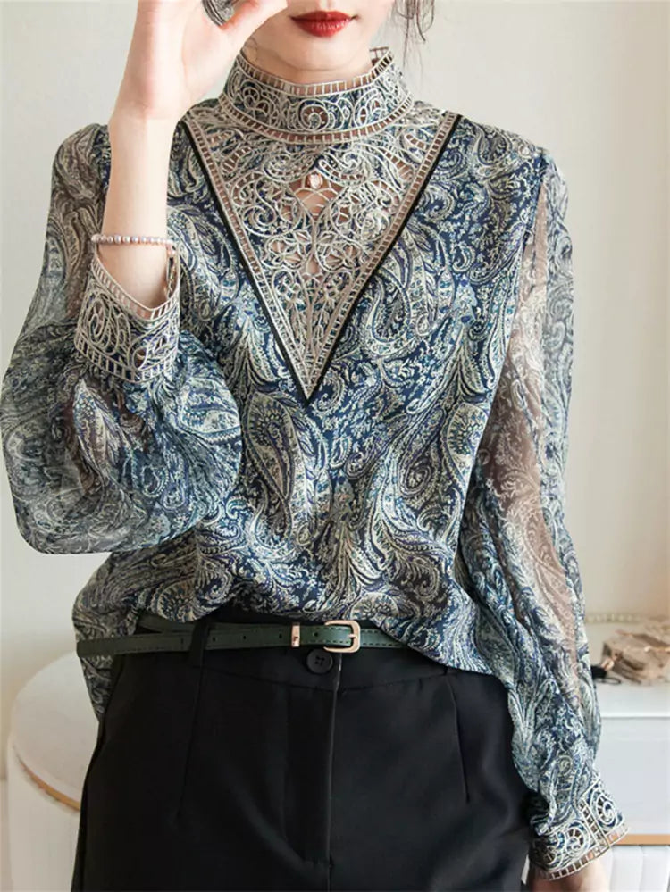 Trendy Print Chiffon Blouse for Women – Lantern Sleeve Top with Delicate Embroidery