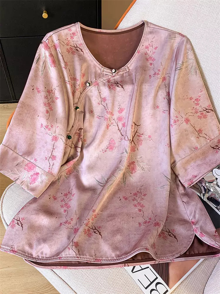 Blusa asimétrica de satén jacquard estilo chino para mujer con botones de rana