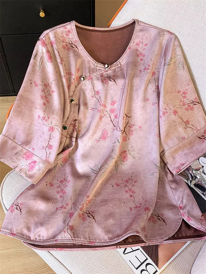 Asymmetrische Pulloverbluse im chinesischen Stil aus Satin-Jacquard mit Froschknöpfen für Damen