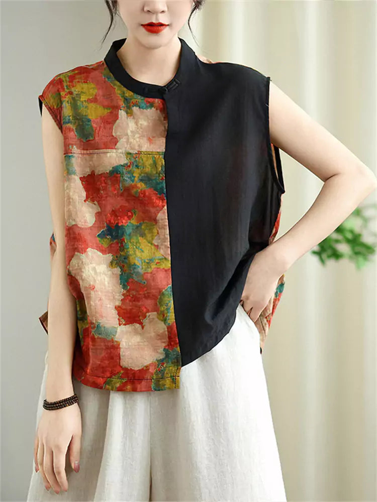 Vintage Patchwork Linen Tank Top for Women with Artistic Floral Print and Breathable Design