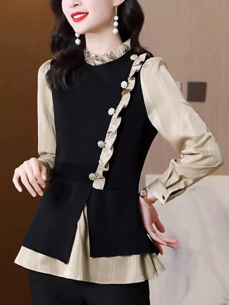 Camisa de dos piezas con cuello alto y volantes estilo francés para mujer.