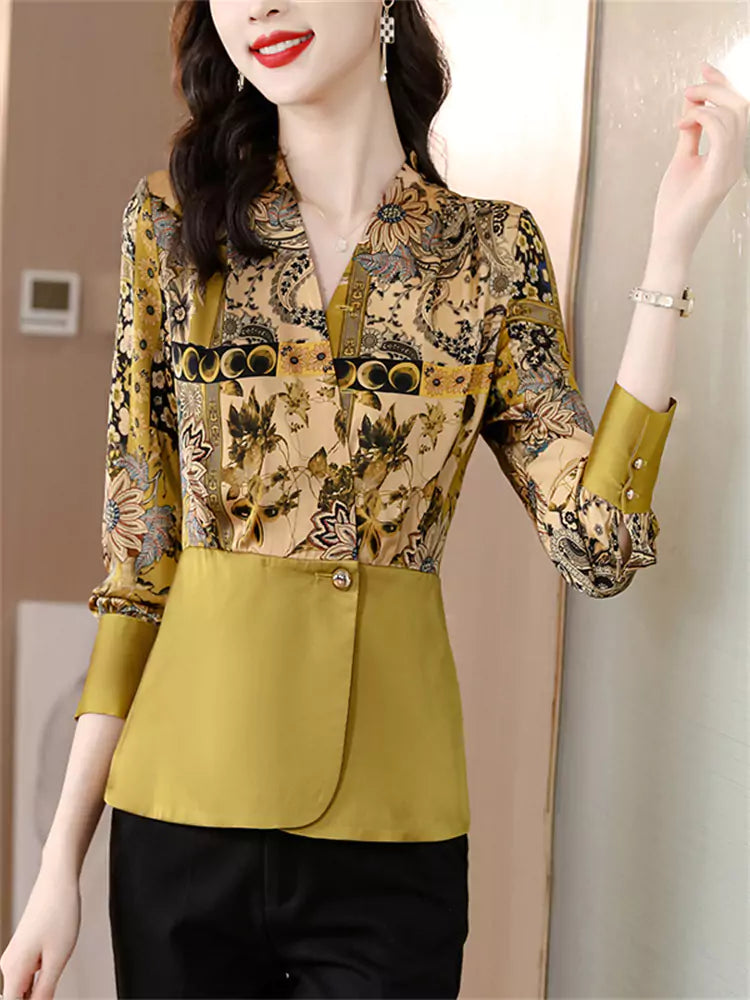 Elegante blusa de satén floral de manga larga con cintura ceñida para mujer con cuello blazer