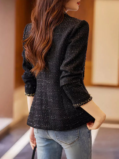 Eleganter schwarzer Tweedblazer für Damen, ideal für zierliche Frauen, Frühling/Herbst