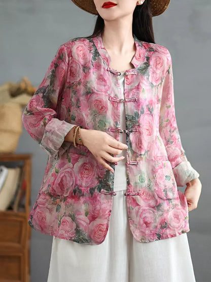 Leichte Ramie-Bluse im chinesischen Stil mit Blumenmuster, Stehkragen und Froschknöpfen