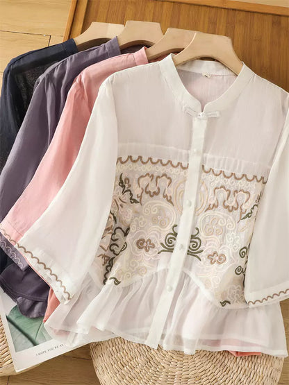 Leichtes, besticktes Ramie-Sommerhemd im chinesischen Stil für Damen