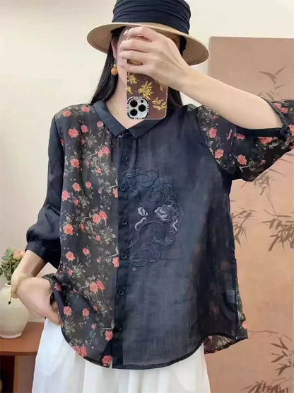 Bluse im chinesischen Stil aus Ramie mit Blumenmuster, locker geschnitten, 1/2 Ärmel, für Damen