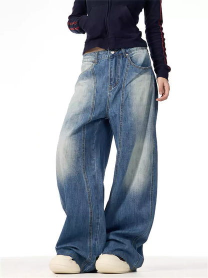 Vaqueros vintage de corte recto, lavados, de pierna ancha y con estampado de rayos para mujer