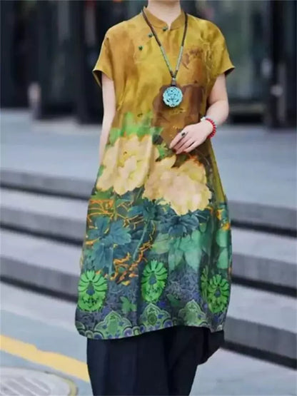 Luxuriöses, locker sitzendes Midikleid aus Maulbeerseide in großen Größen mit Blumenmuster