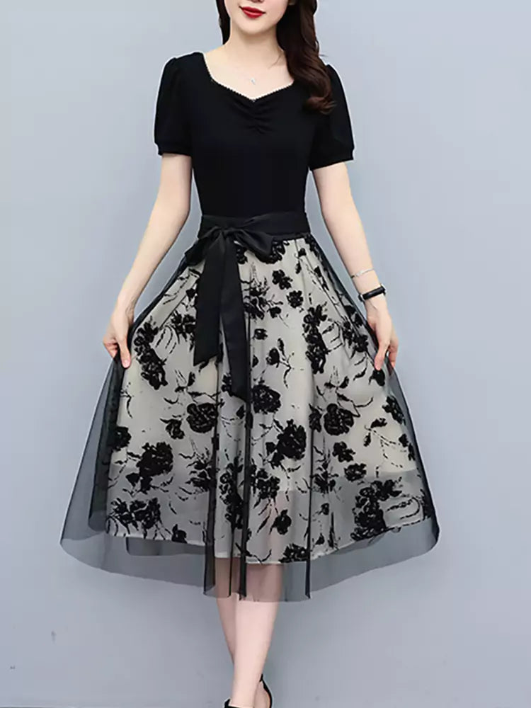 French Style Summer Floral Tie Waist Tulle Midi Dress