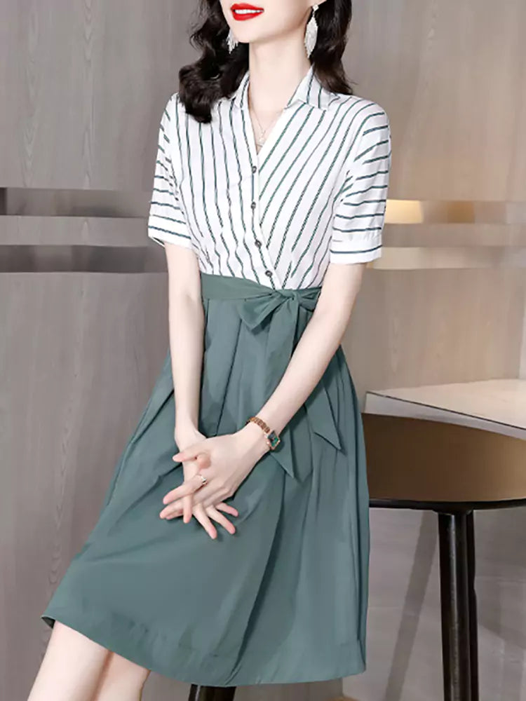 Stylish High-End Fake Two-Piece Midi Dress with Waist Slimming Design