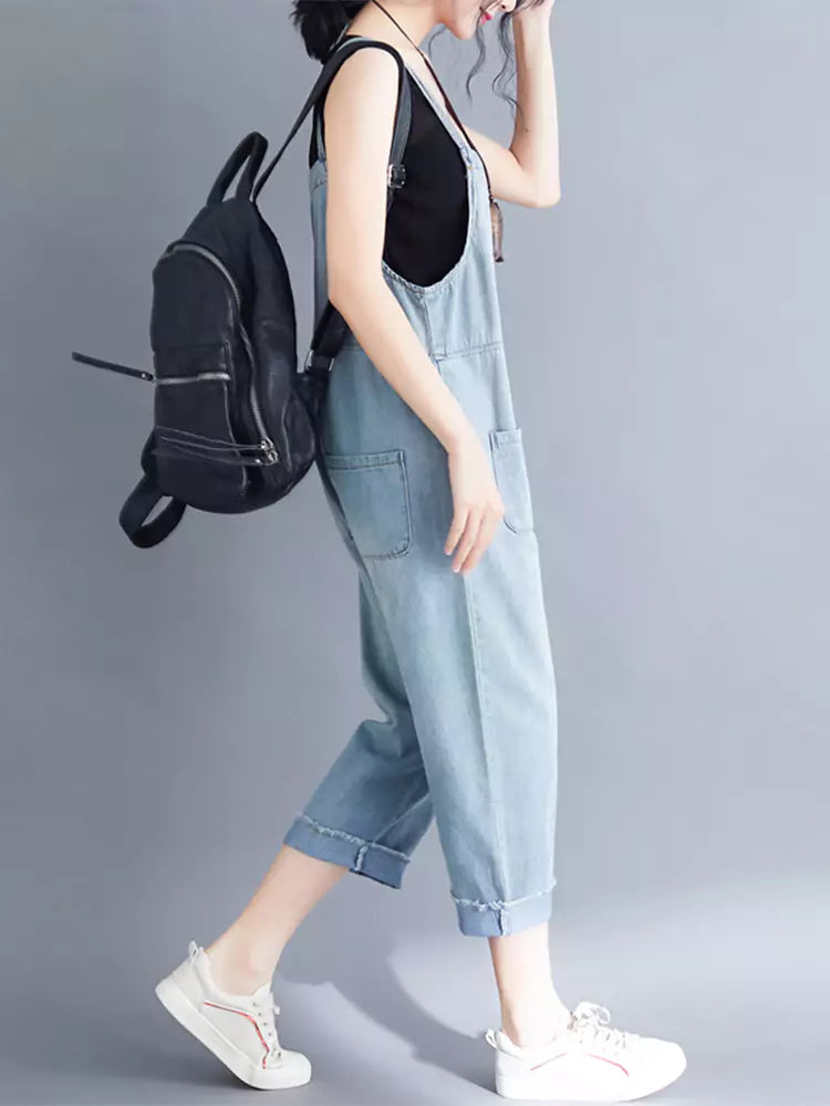 Plus Size Loose-Fit 9/10 Harem Denim Overalls für Damen mit zwei Taschen