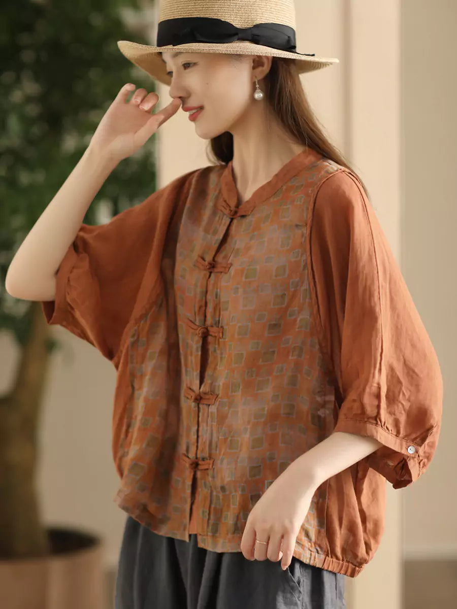 Vintage Ramie Jacquard Stand-Collar Shirt for Women with Frog Button