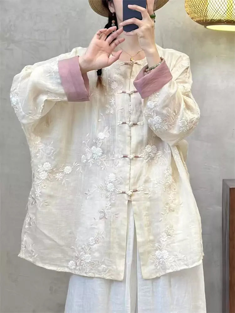 Vintage-Hemd im chinesischen Stil aus Ramie mit Stickerei und Froschknöpfen für Damen
