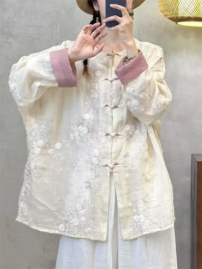Vintage-Hemd im chinesischen Stil aus Ramie mit Stickerei und Froschknöpfen für Damen