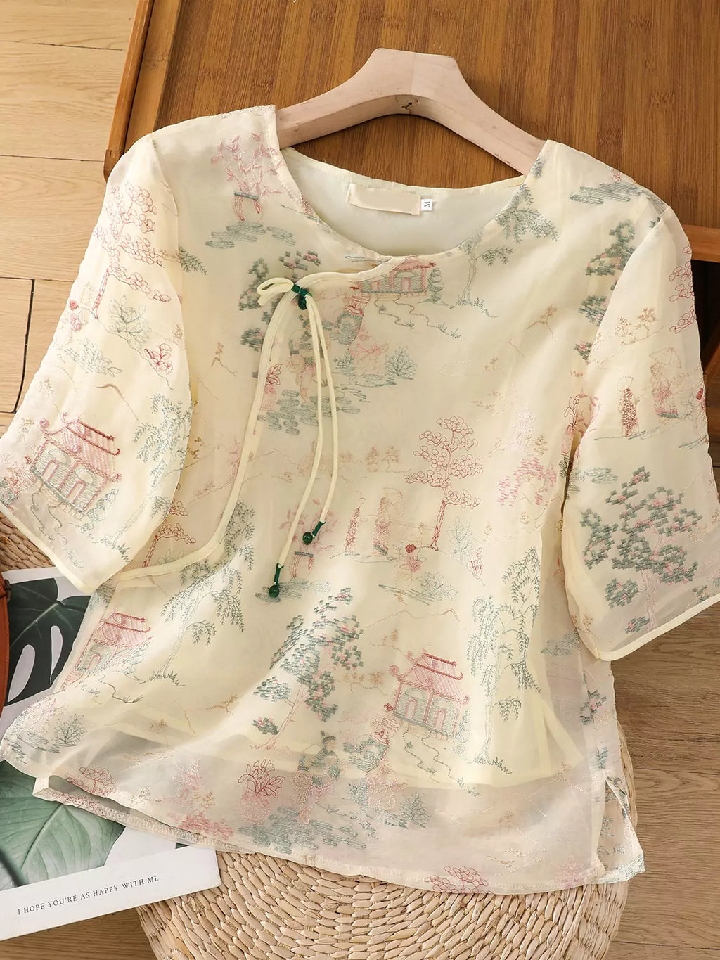 Chinese Style Organza Embroidered Short Sleeve Blouse with Asymmetrical Closure