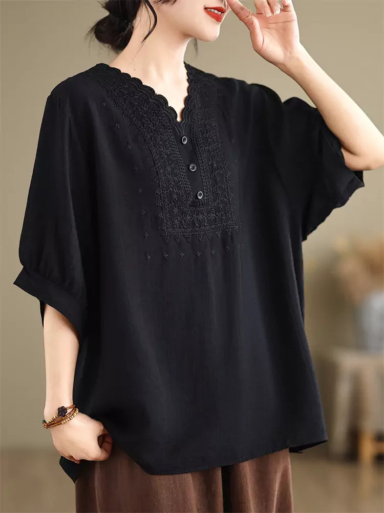 Plus Size Solid Color Embroidered Cotton Linen Short Sleeve Top For Women