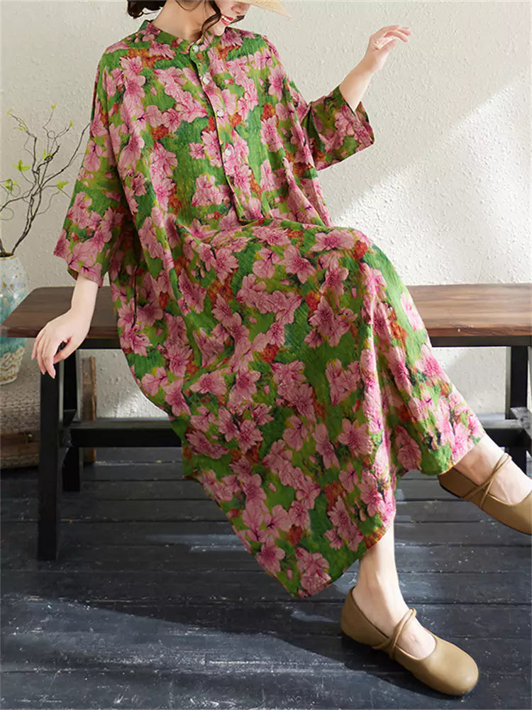 Vestido largo vintage de lino y algodón con estampado floral de talla grande para mujer