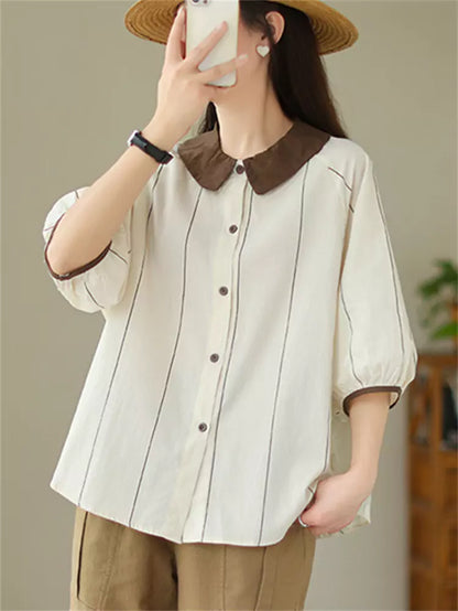 Preppy-Bluse mit Farbblock-Design, Peter-Pan-Kragen, Streifen und kurzen Ärmeln für Damen