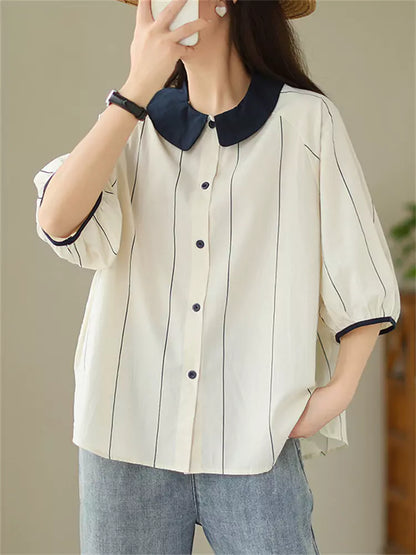 Preppy-Bluse mit Farbblock-Design, Peter-Pan-Kragen, Streifen und kurzen Ärmeln für Damen