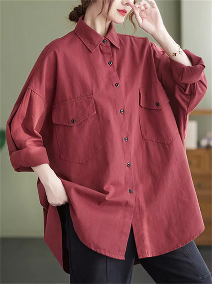 Plus Size Pockets Solid Color Long Shirt for Women