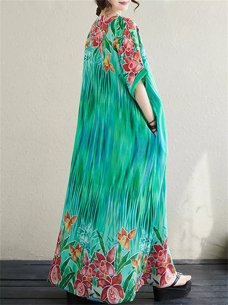 Bohemian Summer Plus Size  Beach Dress with Round Neck Elegant and Artistic Style