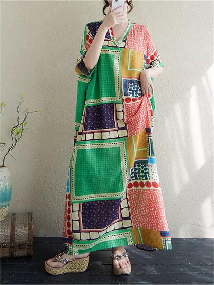 Vintage Maxikleid aus Baumwoll-Leinen-Mischgewebe mit V-Ausschnitt und lockerer Passform im Boho-Stil – perfekt für Strand und Urlaub