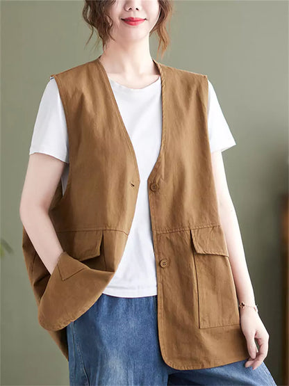 Plus Size Pockets Solid Color Cotton Vest for Women