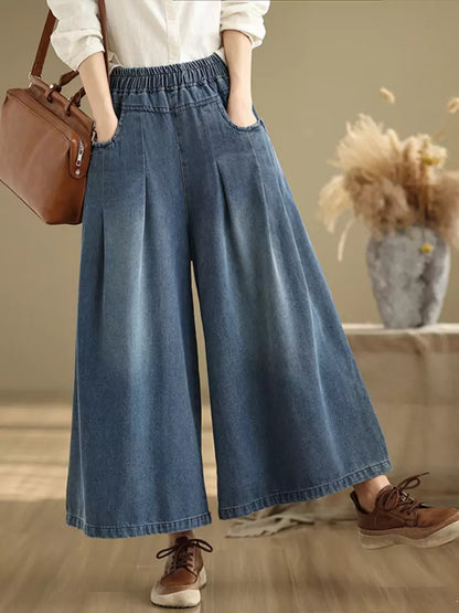 Vaqueros holgados, casuales, de moda, con cintura elástica y pierna ancha para mujer