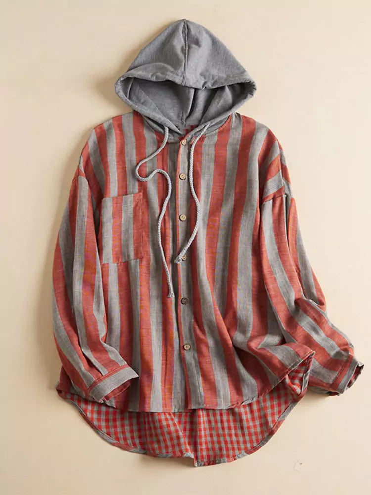 Locker geschnittener, gestreifter Baumwoll-Kapuzenpullover für Damen
