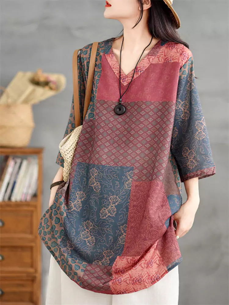 Vintage Floral Ramie V-Neck Loose-Fit Mid-Length Tunic Top with 3/4 Sleeves