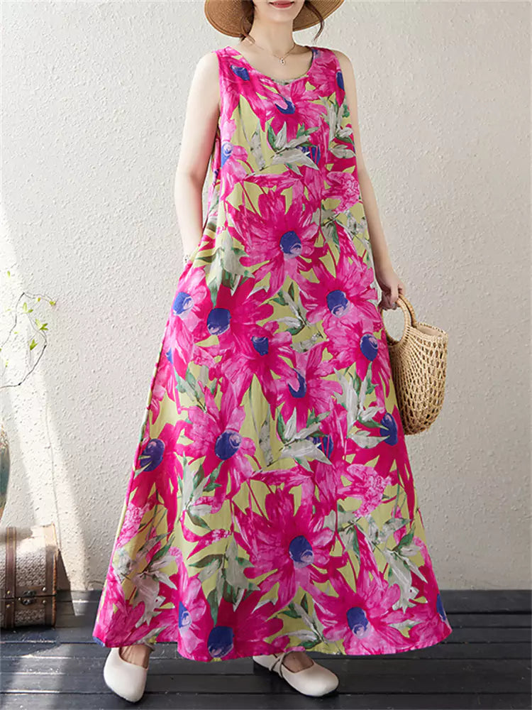Vestido largo de lino y algodón con estampado floral bohemio de talla grande para mujer sin mangas