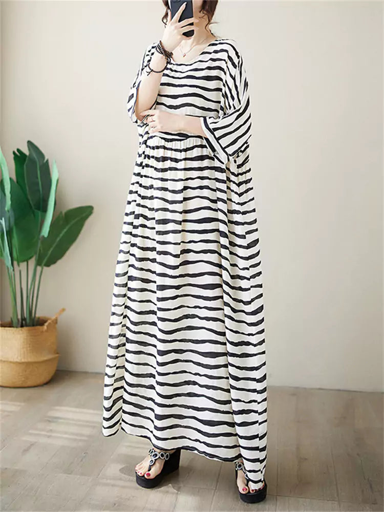 Plus Size Bohemian Striped Cotton Linen Maxi Dress for Women