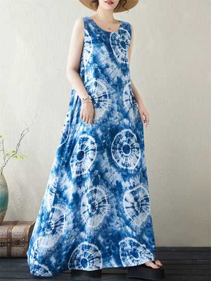 Sommerurlaub Plus Size Batik Blau Ärmelloses Maxikleid