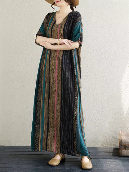 Plus Size V-Neck Vintage Striped Cotton Linen Dress Flattering and Elegant