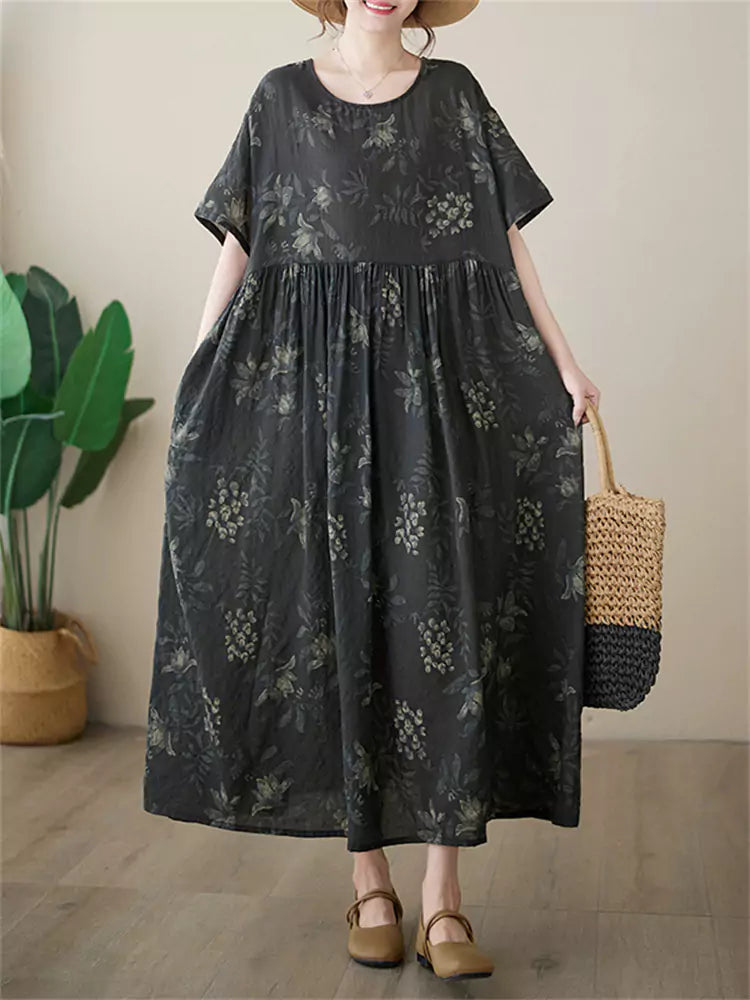 Plus Size Short Sleeve Round Neck Casual Printed Cotton Linen Maxi Dress